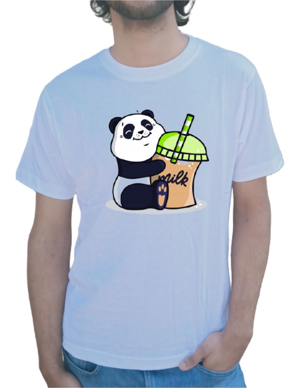 Cute Panda Half Sleeve White T-Shirt
