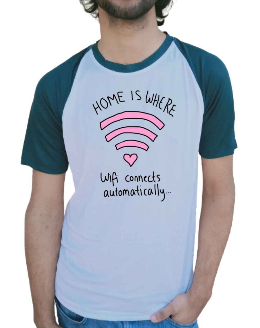 Home is Where WiFi Connects Automatically Half Sleeve T-Shirt White & Green
