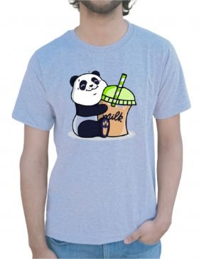 Panda With Milk Bottle Half Sleeve T-Shirt Grey