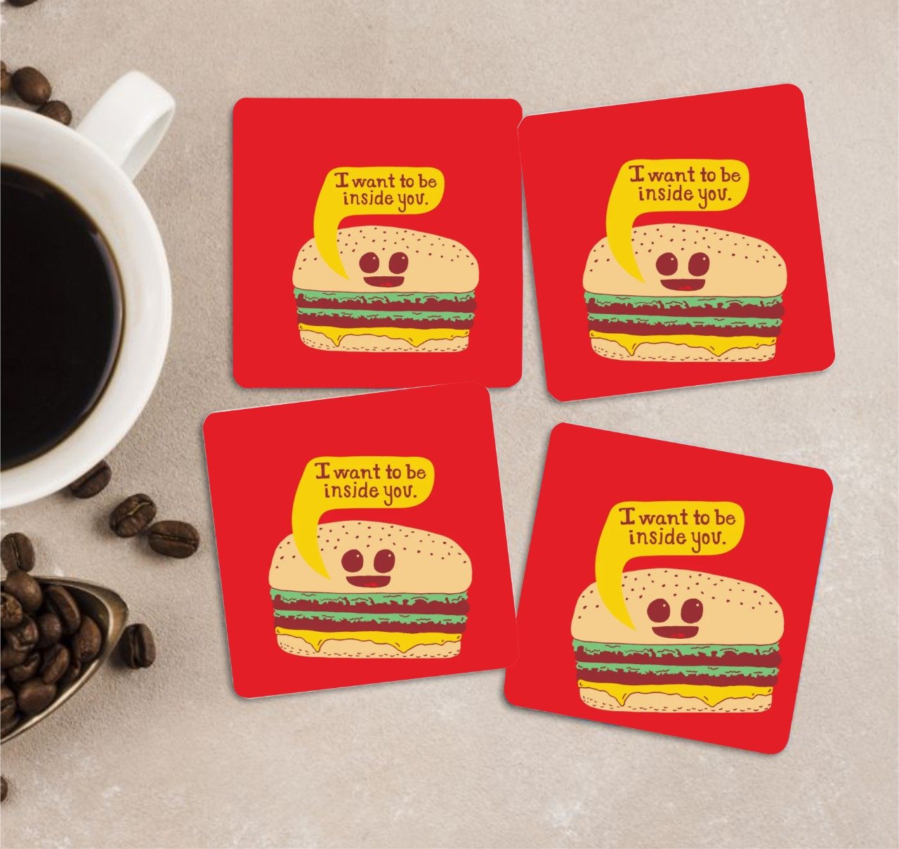 Simply Face Burger Coaster for Table (Pack of 4 Coasters)